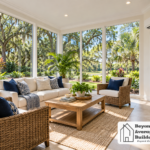 Four season sunroom with large windows, comfortable seating, garden views, and a wall-mounted mini split.