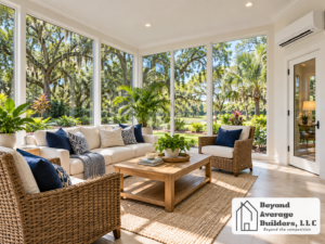 Four season sunroom with large windows, comfortable seating, garden views, and a wall-mounted mini split.