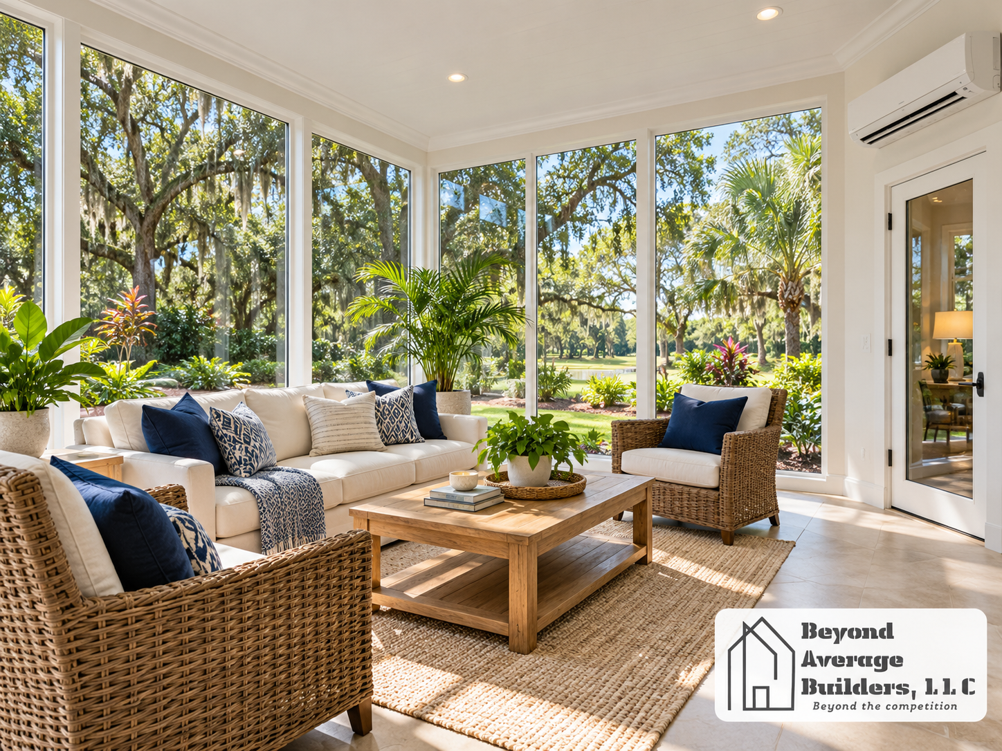 Four season sunroom with large windows, comfortable seating, garden views, and a wall-mounted mini split.