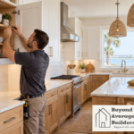 Contractor working on white upper kitchen cabinets alongside oak cabinetry and quartz countertops.