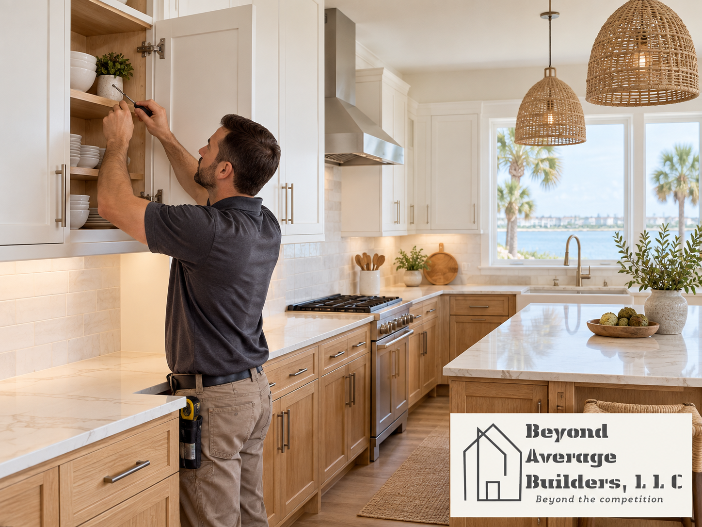 Contractor working on white upper kitchen cabinets alongside oak cabinetry and quartz countertops.