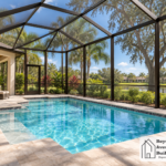 Screened pool enclosure with an aluminum frame surrounding a backyard swimming pool.