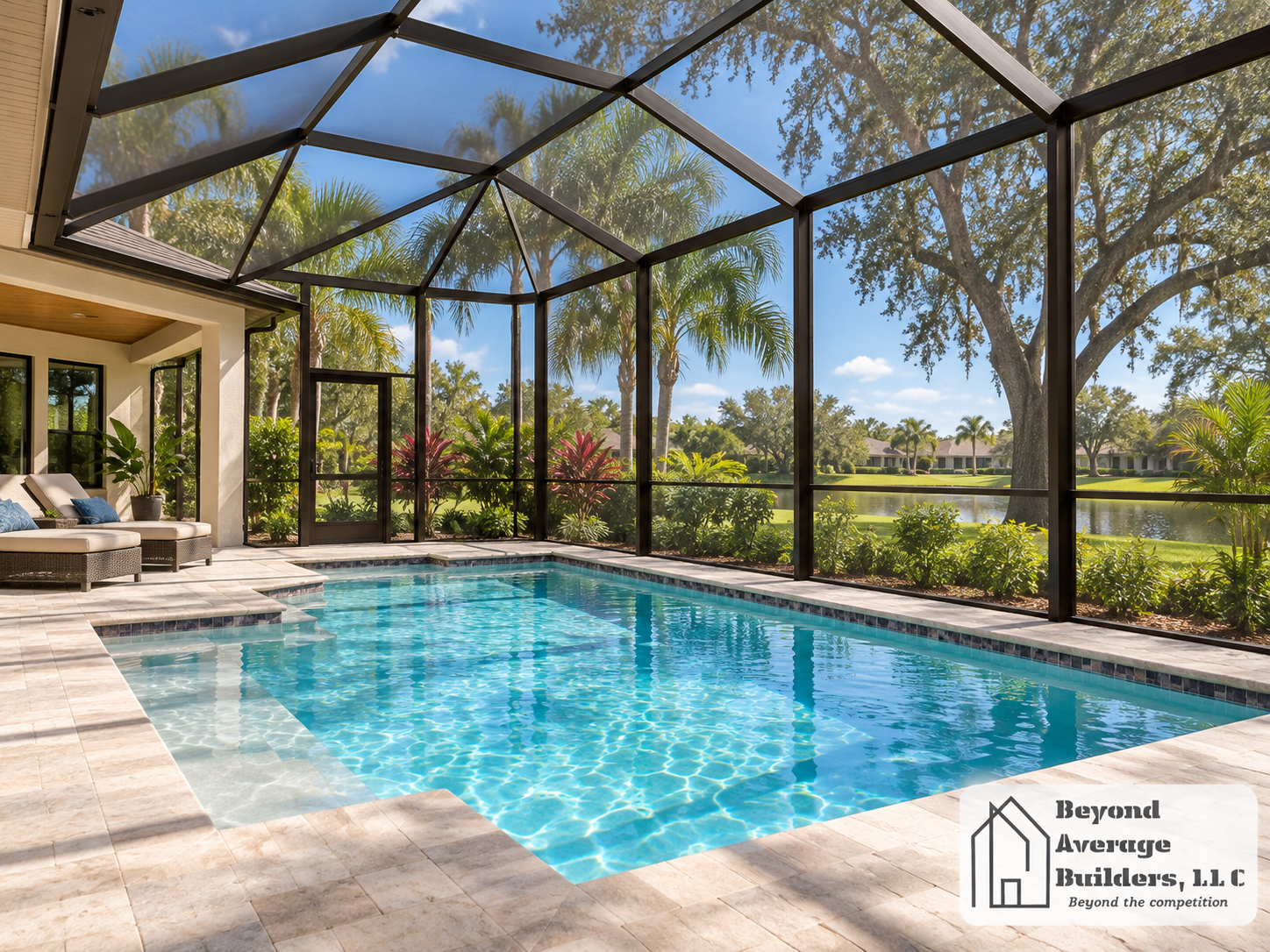 Screened pool enclosure with an aluminum frame surrounding a backyard swimming pool.