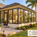 Glass-enclosed sunroom with charcoal window frames, a furnished seating area, and a landscaped patio.