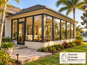 Glass-enclosed sunroom with charcoal window frames, a furnished seating area, and a landscaped patio.