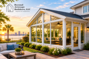 Modern glass sunroom addition showcasing sunroom construction and design by a Jacksonville home builder.