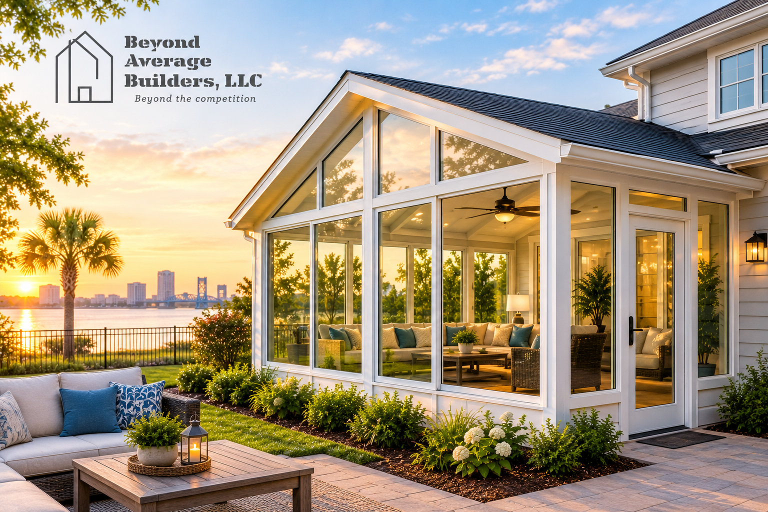 Modern glass sunroom addition showcasing sunroom construction and design by a Jacksonville home builder.