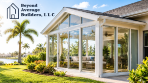 Sunroom addition in Jacksonville FL with glass windows and Florida-style landscaping