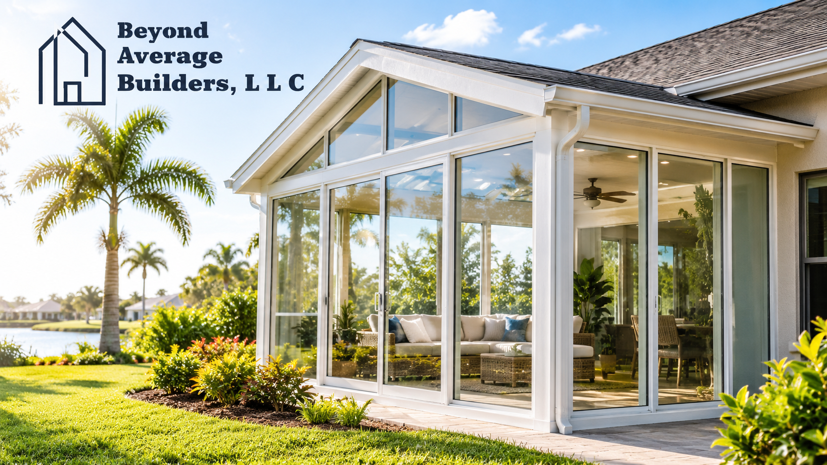 Sunroom addition in Jacksonville FL with glass windows and Florida-style landscaping